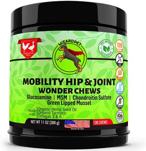 Advanced Hemp Hip and Joint Supplement for Dogs Hemp Oil Glucosamine Chondroitin for Dog Omegas Turmeric MSM Green Lipped Mussel Made in USA Treats Support Mobility 120 Chews