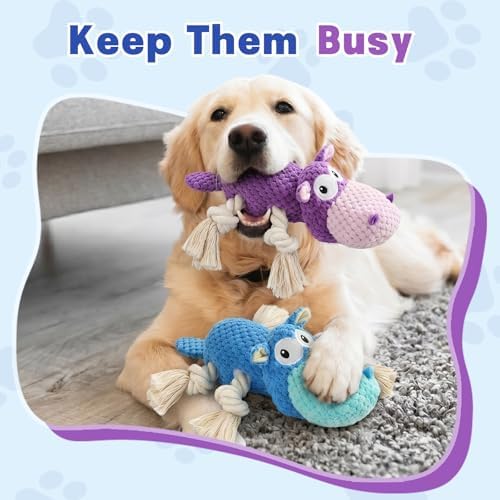 TOOPTATE 2-Pack Squeaky Hippo Dog Toys, Blue & Purple, Medium | Cute Plush Design, Rope Legs for Tugging, Helps Keep Dogs Busy, Suitable for Small, Medium, and Large Dogs