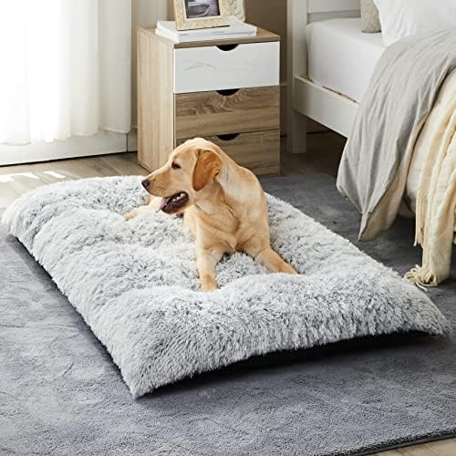 BFPETHOME Dog Beds for Large Dogs, Plush Dog Crate Bed Fluffy Cozy Kennel Pad for Sleeping &Ease Anxiety, Washable Pet Mats with Anti-Slip Bottom for Large Dogs, Grey
