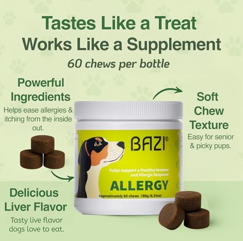 BAZI Allergy Relief Dog Chews – Quercetin, Turmeric, Ashwagandha, Probiotics & Colostrum – Seasonal Allergy, Immune & Digestive Support – for Itchy Skin & Hot Spots – All Breeds & Sizes