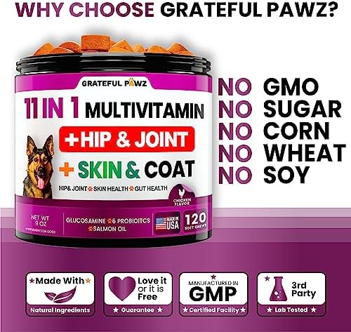 Dog Multivitamin Chewable with Glucosamine - Dog Vitamins and Supplements | Senior & Puppy Multivitamin for Dogs - Pet Chondroitin Hip and Joint Support Health, Immune Booster, Skin, Heart, Probiotics