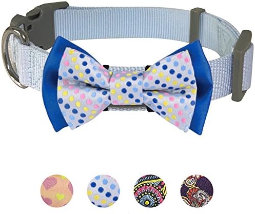Blueberry Pet Polka Dots Handmade Detachable Bow Tie Adjustable Dog Collar in Neat Pastel Blue, Small, Neck 12"-16"