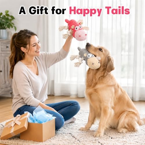 TOOPTATE 2-Pack Squeaky Hippo Dog Toys, Gray & Pink, Medium | Cute Plush Design, Rope Legs for Tugging, Helps Keep Dogs Busy, Suitable for Small, Medium, and Large Dogs