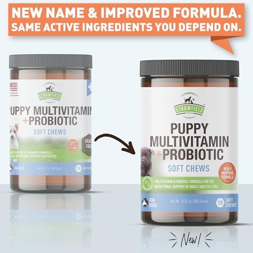 Strawfield Pets Puppy Multivitamin + Probiotics for Dogs Puppy Vitamins with Joint Support Supplement for Dogs & Puppies Peanut Butter Flavor 120 Crumbly Soft Chews