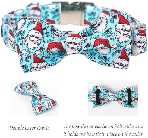 Lionet Paws Christmas Dog Bowtie Collar - Cute Cotton Adjustable Blue Dog Collar with Bowtie for Small Medium Large Dog Girl Boy Gift, S, Neck 10-16in