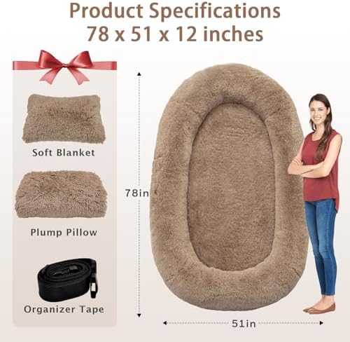 ROOMTEC Human Dog Bed, 78''x51''x12'' Size Fits Adult and Pet Washable Giant People Bed 10 CM Thick Memory Foam Large Oversize Pet Bed with Plump Pillow, Blanket, Strap - Khaki