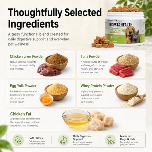 Pets Probiotic Chews for Digestive Health & Gut Health Support, 5-Strain Blend, Prebiotics & Enzymes, Pumpkin, Papaya, Skin & Coat, Immune Support, Chicken Flavor, 100 Count