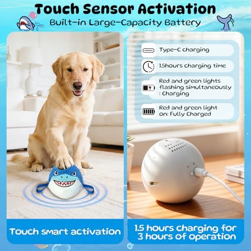 Automatic Moving Squeaky Dog Toy, USB Rechargeable Shark Ball for Large | Interactive Chew Toys with Plush Cover, Toss Fetch Tug Play to Keep Pets Busy, Durable Gift for Medium Breed，Machine Washable
