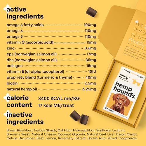 Hemp Hounds - Adaptogenic Skin and Coat Chews for Dogs - 90 Chews - Nutrient Rich Dog Allergy Relief - Omega 3-6-9 - Norwegian Salmon Oil - Collagen - Turmeric - Beef Flavor - Dog Itch Relief