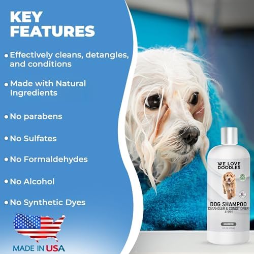 Dog Shampoo Conditioner & Detangler, Hypoallergenic Tearless Unscented 16OZ | For Sensitive Itchy Skin, Best Shampoo For Smelly Dogs, Goldendoodle, Poodle & Doodle, Puppy Pet Wash Soap, USA Made, 4-in-1