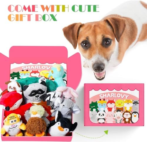SHARLOVY Dog Squeaky Toys for Small Dogs, Pack 12 | Stuffed Animal Puppy Toy, Cute Puppy Chew Toy For Dog Teething, For Small To Medium Dogs, Soft Plush Pet Toys, In Gift Box
