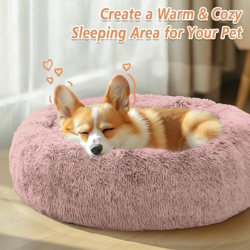 JOLLYVOGUE 20" Calming Donut Dog & Cat Bed, Dark Pink