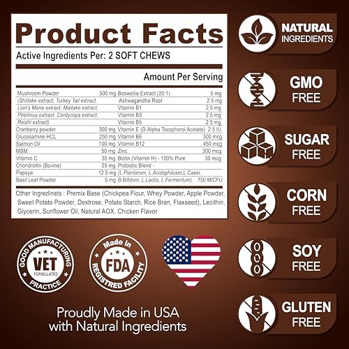 Turkey Tail Mushroom for Dogs - 170 Chews - Mushroom Supplement for Dogs | Lion's Mane, Reishi, Shiitake, Immunity Support Multivitamin Vitamins for Joint Health, Energy, Gut, Skin & Coat, Made in USA