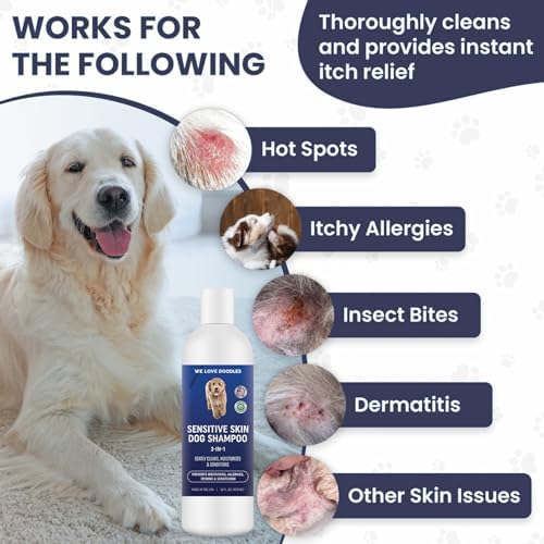 Dog Shampoo for Sensitive Skin with Oatmeal & Aloe, Hypoallegenic Tearless | Soothes Itching, Scratching & Allergies, Natural Sensitive Skin Dog Shampoo, Tear Free For Cats & Pets, 16OZ, Made in USA
