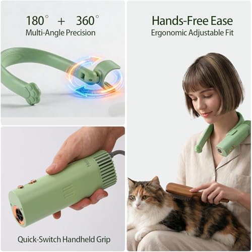 Neck Dryer for Pet Grooming 1400W High Velocity - Hands-Free Neck Band Pet Hair Blow Dryer, Low Noise Negative Ion Pet Grooming Dryer with 4 Heat/Cool Modes Quiet Neck Dryer for Dogs Cats Home & Salon