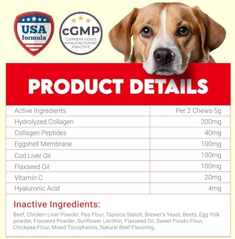 Collagen for Dogs - 150 Chews - Joint, Skin & Coat Supplement with Hyaluronic Acid, Eggshell Membrane & Vitamin C - Daily Hip & Joint Support for Senior Dogs & Puppies - Beef