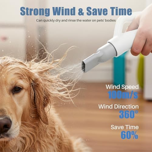 DUMOS Dog Hair Dryer for Pet Grooming, Low Noise, 6.5 FT Cord | Dog Blow Dryer with Adjustable Wind Speed & Heater Temperature, Cool-Warm-Hot Cycle Mode, 4 Nozzles, White