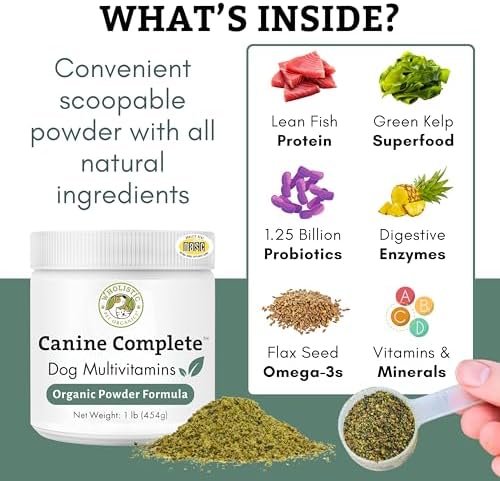 Organic Dog Vitamins, 1 Lb, 45 Scoops | Daily Dog Multivitamin with Prebiotics, Probiotics for Immune Support, Skin Coat, Digestion, & Joint Health - Canine Complete
