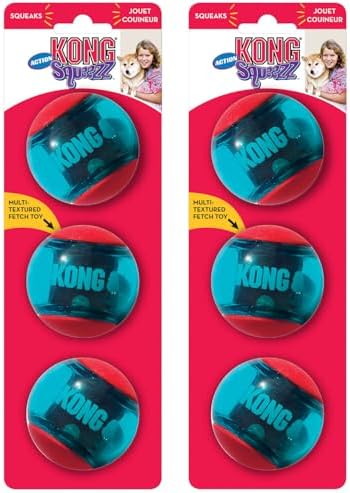 KONG Squeezz Action Ball Dog Toy – Durable Bouncy Ball with Built-in Squeaker – Great for Fetch & Chewers – Stimulates Play & Exercise (Red, Medium (6 Pack))