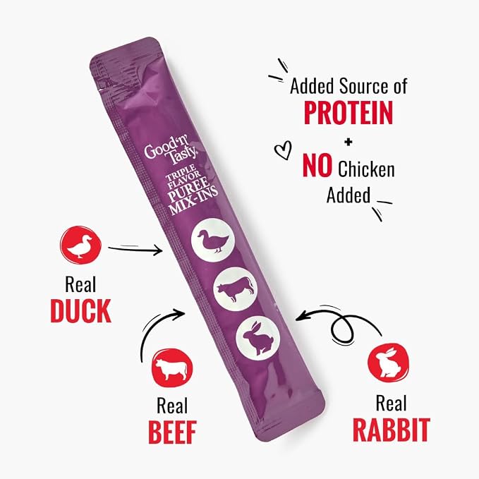 Good 'n' Tasty Triple Flavor Puree Mix-Ins Dog Food Topper Treats for All Dogs, 28 Count, Easy Single-Serve Portions, Added Protein with Duck, Beef and Rabbit, No Chicken Added