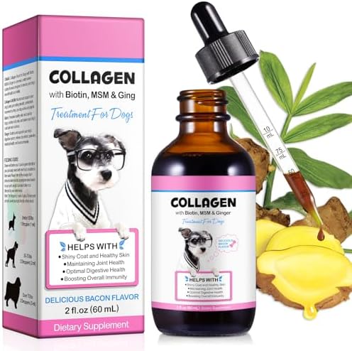 Collagen Drops for Dogs 60ml - Joint Support, Skin & Coat Health with Biotin & MSM - Supports Smooth Digestion, Delicious Bacon Flavor