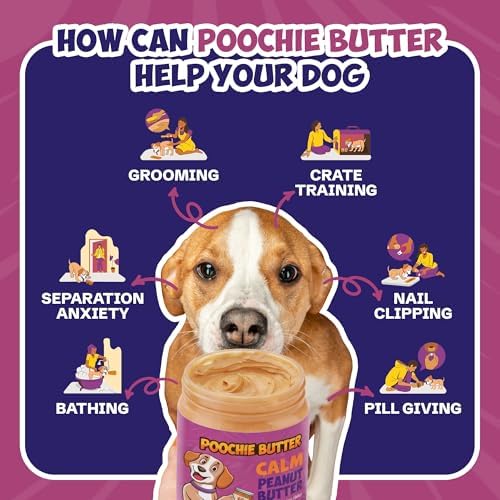Poochie Butter Calming Dog Peanut Butter - Made in USA, Creamy Spread for Lick Mats & Food Toppers - Dry-Roasted Peanuts Non-GMO No Sugar Added Dog Treats | 12 oz (Pack of 2)