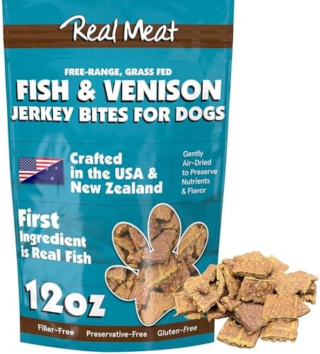 TRMC Real Meat Dog Treats - 12oz Bag of Bite-Sized Air-Dried Fish & Venison Jerky for Dogs - Grain-Free Jerky Dog Treats Made up of 95% All-Natural, Free-Range Venison & Ocean-Caught Fish