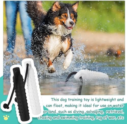 Blueweenly White and Black Dog Bumper Toy Training Dummy, 4 Pcs | Plastic Lightweight Floats on Water, Textured with Rope for Fetch, Pool Outdoor Retrieving, Summer Water Play