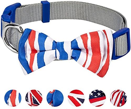 Blueberry Pet 2 Patterns Patriotic Spirits France Flag Adjustable Bowtie Grey Dog Collar - Handmade Bow Tie w/Jacquard Weave Fabric, Medium, Neck 14.5"-20"