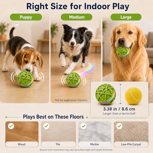 Interactive Dog Ball Toy,Motion-Activated,Rolling&Bouncing,RGB Light | 700mAh rechargeable battery, secure 4-turn thread, tough rubber shell, IPX7-rated outer shell, 5-minute play cycles,Green