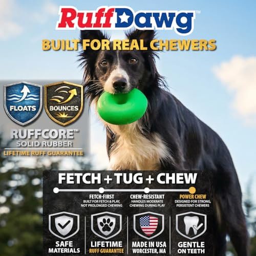 Ruff Dawg Dawg-Nut Medium 3.5” – Heavy-Duty Solid Rubber Donut Dog Chew Toy for Dogs Under 40 lbs – Floats & Bounces – Made in USA – Assorted Neon Colors