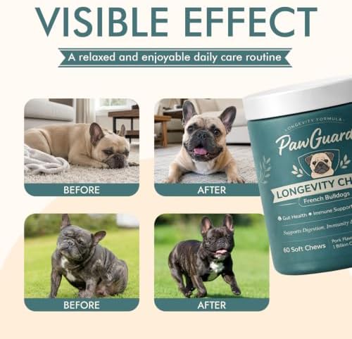 PawGuard French Bulldog Longevity Chews, Probiotics Digestive Enzymes Glucosamine and Chondroitin Soft Chews, Pork Flavor, Gut Skin Coat Immune Joint Support, 60 Count