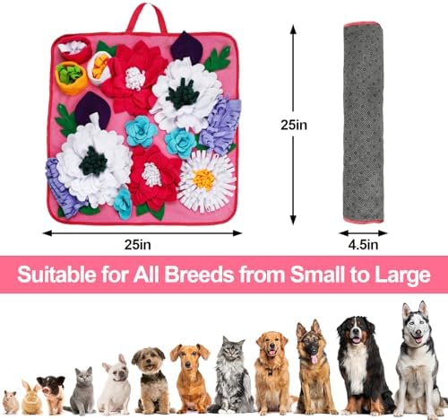 Vextronic Snuffle Mat for Dogs, Large Breed Slow Feeder Interactive Toy | 25x25-inch washable mat. Sparks natural foraging. Eases anxiety. Slows gulping at meals. Fits small to large pets. Pink.