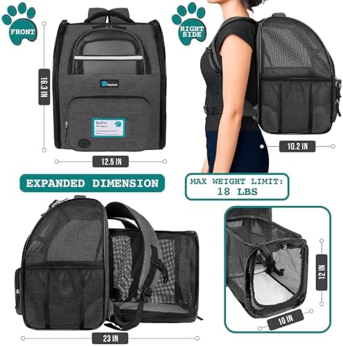 PetAmi Expandable Dog Backpack Carrier, Top Window & Multi-Entry, Up to 18 lbs, Dark Gray