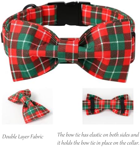 Lionet Paws Christmas Dog Collar, Cute Winter Red Green Dog Collar for Large Dogs, Adjustable Cotton Grid Pet Collars for Large Dogs