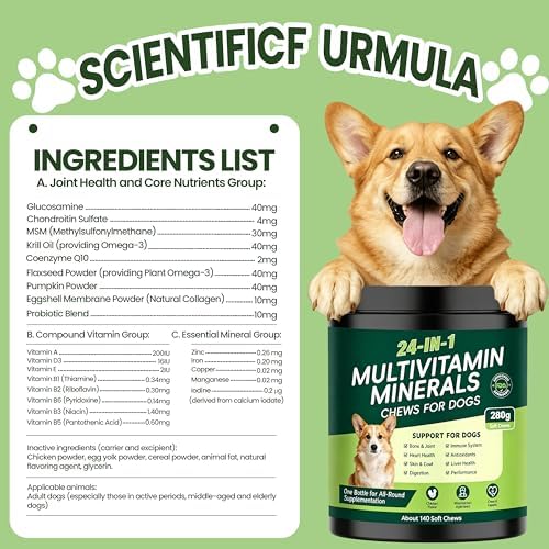24-in-1 Dog Vitamins and Supplements, Dog Multivitamin Chewable for All Dog | Chondroitin Probiotics Omega-3 Glucosamine for Skin Coat Hip Joint Heart Gut Liver Brain Eye Immune Health,140 Chews Chicken