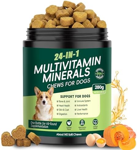 24-in-1 Dog Vitamins and Supplements, Dog Multivitamin Chewable for All Dog | Chondroitin Probiotics Omega-3 Glucosamine for Skin Coat Hip Joint Heart Gut Liver Brain Eye Immune Health,140 Chews Chicken