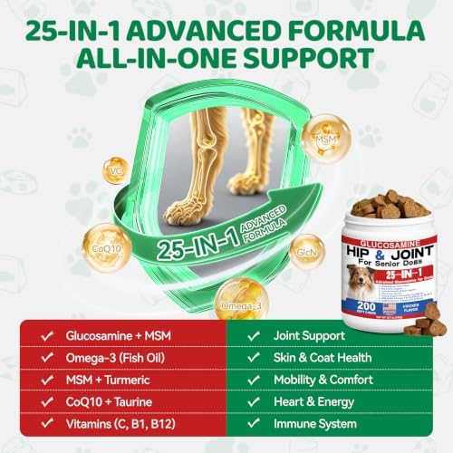 Dog Hip & Joint Supplement – 25-in-1 Glucosamine Chews for Dogs, Chicken Flavor – with MSM, Green Lipped Mussel, Turmeric, Yeast, Omegas & Vitamins – Mobility Support for All Breeds & Ages, 200 ct