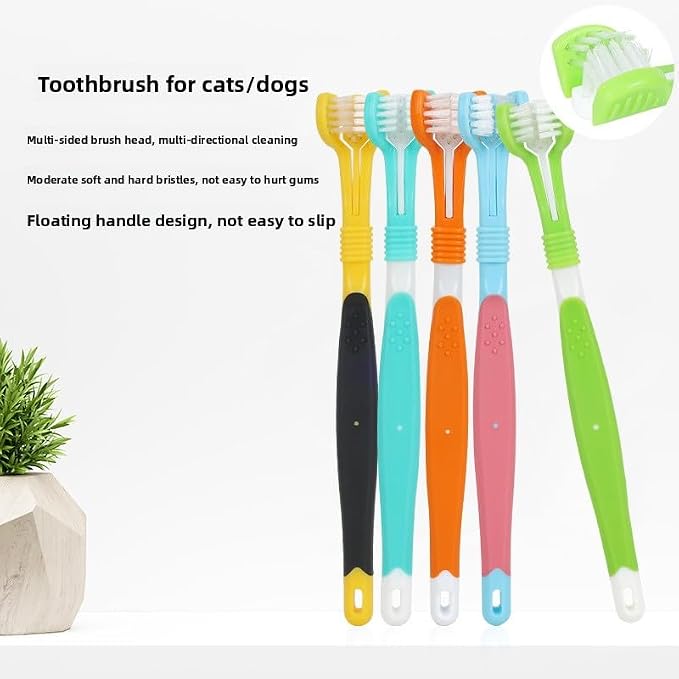 3-Sided Pet Toothbrush for Dogs and Cats Soft Bristle Multi-Angle Teeth Cleaning Brush with Non-Slip Rubber Handle for Bad Breath and Gum Care
