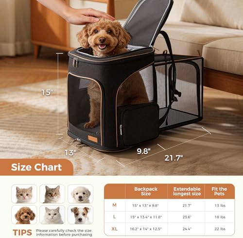 Lekereise Large Cat Backpack Carrier, Expandable, Up to 18 lbs, Black