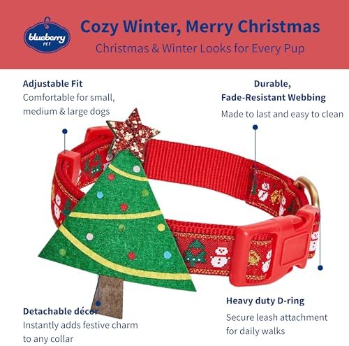 Blueberry Pet Festive Christmas Tree & Snowman Dog Collar, Small Adjustable 12"-16", Eco-Friendly Glitter Décor Holiday Collar for Small Dogs