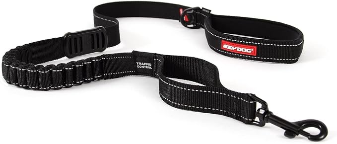 EzyDog Zero Shock - Bungee Dog Leash, Shock Absorbing - 48-inch, Black | Padded Neoprene Grip, Traffic Handle, Reflective Stitching, Strong for All Size Pullers, 1" Soft Touch Webbing for Durability