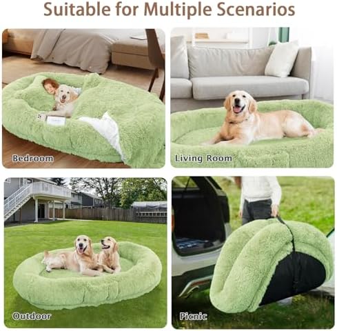 ROOMTEC Human Dog Bed, 78''x51''x12'' Size Fits Adult and Pet Washable Giant People Bed 10 CM Thick Memory Foam Large Oversize Pet Bed with Plump Pillow, Blanket, Strap - Green