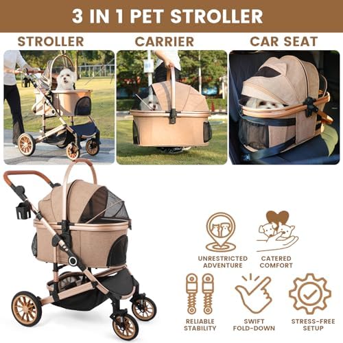 Bicystar Pet Stroller - Tan, Detachable Carrier, up to 50lbs