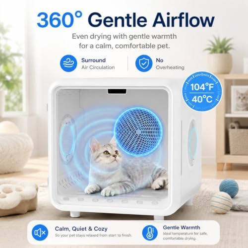Fenbeli Pet Dryer Box for Cats and Small Dogs, 75L Extra-Large Quiet Pet Drying Room with Smart App Control, 360° Airflow, Adjustable Temperature & Time, Spacious Grooming Dryer for Home Use