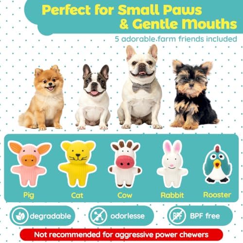 LECHONG Dog Squeaky Toys 5 Pack Latex Dog Toys for Small Dogs – Squeaky Squeeze Toys, Puppy Teething Chew Toys, Soft Rubber Pet Toys, 4.7” Cute Farm Animal Set (Cow, Rabbit, Cat, Pig, Rooster)