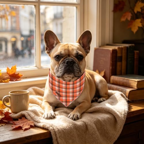 Lionet Paws Fall Orange Checkred Dog Bandana Washable Cotton Handkerchief Scarf Triangle Halloween Dog, Large (Pack of 1), Medium, Cotton, Orange