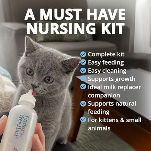 Under the Weather Kitten Milk Replacer Powder + Nursing Bottle Kit | Milk Replacement Formula with Colostrum, Feeding Bottle, 5 Nipple Sizes & Cleaning Brush | Complete Newborn Kitten Feeding Set