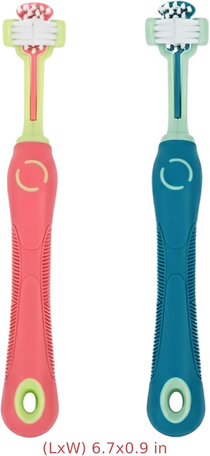 2 Pcs Pet Toothbrush Set, Three-Sided Bristles Design for Thorough Cleaning, Supports Dog and Cat Oral Health, ABS+TPR Material, Non-Slip Handle, Pink and Green