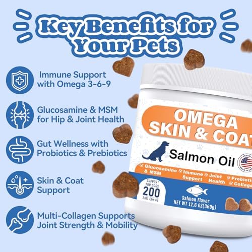 Omega 3 Fish Oil for Dogs - Dog Skin and Coat Chews with EPA DHA, Wild Salmon Oil, Glucosamine, MSM, Collagen- Pet Fish Oil Supplement to Support Gut Joints Heart Eyes Immune, 200 Ct